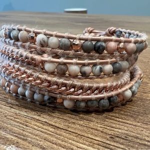 Victoria Emerson Rose Gold Chain and Blush and Grey Beads on Blush Wrap Bracelet